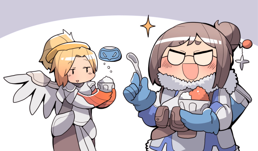 armor bangs belt blonde_hair bowl brown_hair chibi commentary_request food glasses gloves hair_bun hair_ornament hairpin halo kakuzatou_(koruneriusu) mei_(overwatch) mercy_(overwatch) opaque_glasses open_mouth overwatch parka ponytail shaved_ice single_wing smile sparkle spoon translation_request utility_belt wings