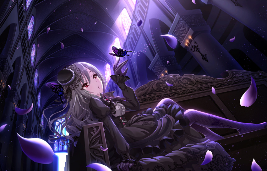 1girl architecture artist_request bangs bow butterfly candle candlestand church church_interior curly_hair dress flower gloves gothic gothic_architecture gothic_lolita hair_down hat idolmaster idolmaster_cinderella_girls idolmaster_cinderella_girls_starlight_stage kanzaki_ranko lolita_fashion long_hair official_art pantyhose petals puffy_sleeves red_eyes rose silver_hair sitting solo
