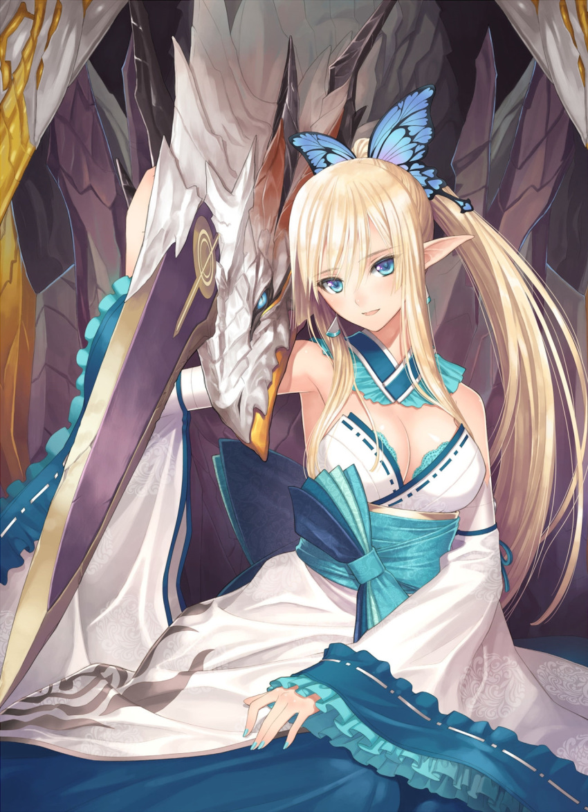 1girl aqua_nails bare blonde_hair blue_eyes blue_ribbon breasts butterfly_hair_ornament cleavage collar detached_collar detached_sleeves dragon dress earrings fingernails frilled_collar frilled_sleeves frills hair_between_eyes hair_ornament highres horn japanese_clothes jewelry kirika_towa_alma long_hair looking_at_viewer nail_polish obi official_art open_mouth pointy_ears ponytail ribbon ribbon-trim ribbon-trimmed_clothes ribbon-trimmed_sleeves ribbon_trim sash shining_(series) shining_resonance sidelocks single_horn sitting smile solo tanaka_takayuki very_long_hair white_legwear
