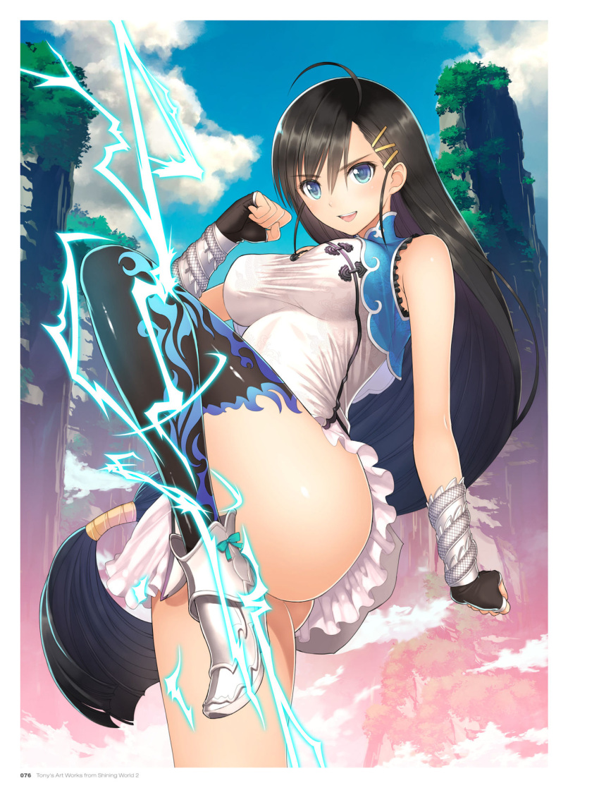 &gt;:) 1girl ahoge armor armored_boots ass asymmetrical_legwear bare_shoulders black_hair blade_arcus_from_shining blue_eyes blue_sky boots bow breasts chinese_clothes clenched_hands cliff clouds dress electricity fighting_stance fingerless_gloves gloves hair_ornament hairclip high_heels highres large_breasts leg_up long_hair long_legs low-tied_long_hair microdress official_art open_mouth outdoors pairon shining_(series) single_thighhigh sky smile solo standing standing_on_one_leg tanaka_takayuki taut_clothes thigh-highs very_long_hair
