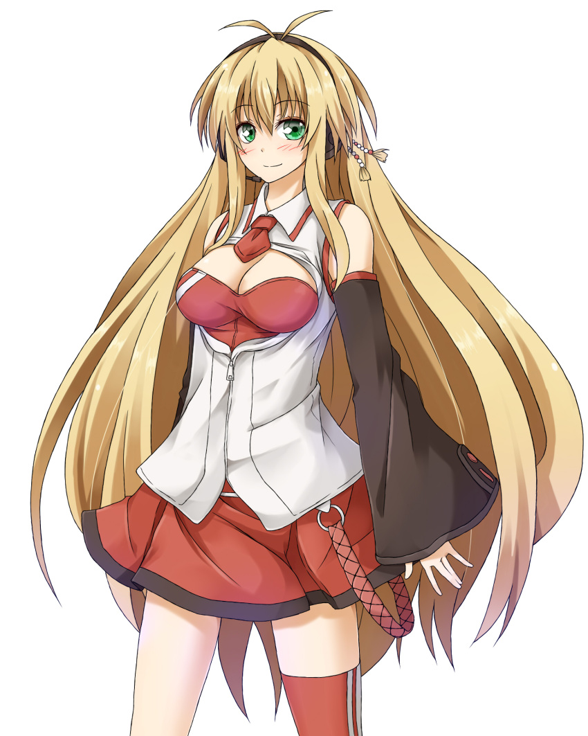 1girl antenna_hair bare_shoulders blonde_hair blush breasts cleavage cleavage_cutout cowboy_shot detached_sleeves flask_(pandora) green_eyes headphones highres long_hair long_sleeves looking_at_viewer necktie red_legwear red_necktie red_skirt shirt single_thighhigh skirt smile solo tachi-e thigh-highs tsurumaki_maki unzipped very_long_hair vocaloid voiceroid white_background white_shirt wide_sleeves
