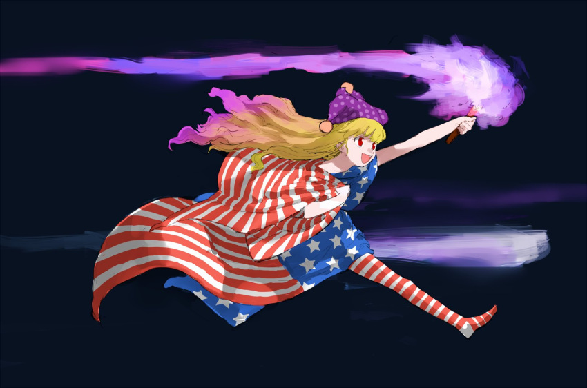 1girl :d american_flag american_flag_legwear blonde_hair clownpiece fire full_body hat highres jester_cap long_hair motsuni_(artist) no_shoes open_mouth pantyhose purple_fire red_eyes running smile torch touhou very_long_hair