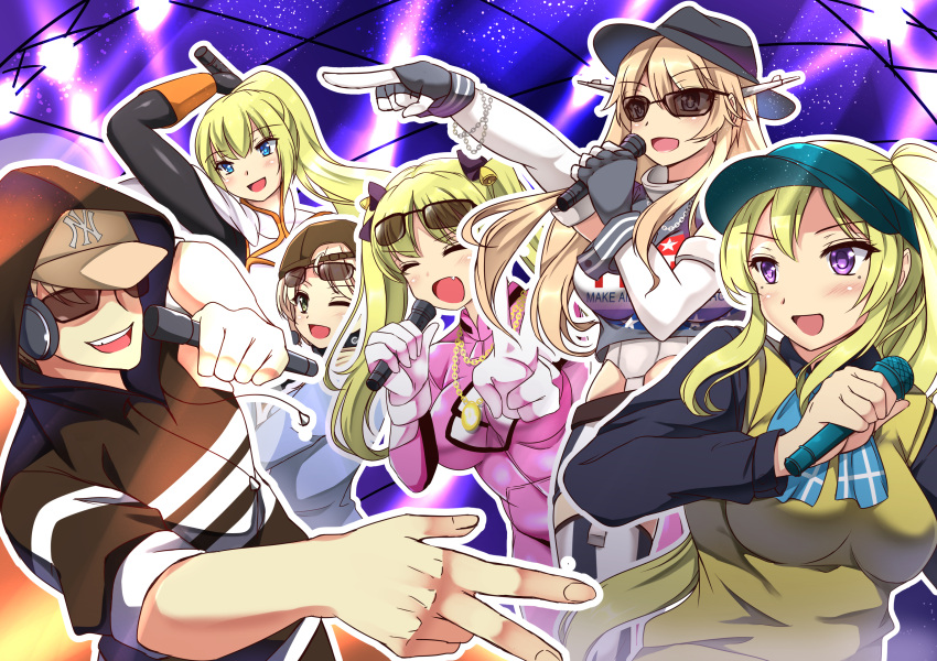 +_+ 1boy 5girls absurdres american_flag american_flag_shirt armor armored_dress bakuon!! bell biker_clothes bikesuit blonde_hair blue_eyes blush bodysuit bracelet breasts cap chain closed_eyes crossover darkness_(konosuba) elbow_gloves ellen_baker faceless faceless_male fang formal gloves gold_chain hair_ornament hair_ribbon hairclip hat headgear headphones headphones_around_neck headwear highres hip_hop hood hoodie huge_breasts iowa_(kantai_collection) jewelry kantai_collection kawakami_mai kono_subarashii_sekai_ni_shukufuku_wo! latex latex_gloves long_hair make_america_great_again microphone mole mole_under_eye multiple_girls musaigen_no_phantom_world new_horizon ny_cap open_mouth pointing pointing_at_viewer ponytail ribbon scarf school_uniform sheita side_ponytail skirt spotlight star suit sunglasses suzunoki_rin thigh-highs tight trait_connection twintails uniform v violet_eyes wink