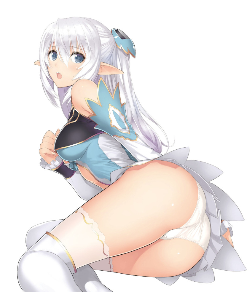 1girl altina_(shining_blade) arm_behind_back ass bare_shoulders blue_eyes boots breasts center_opening crotch_seam detached_sleeves elf eyebrows eyebrows_visible_through_hair hair_between_eyes hair_ornament half_updo highres large_breasts long_hair looking_at_viewer lying navel_cutout official_art on_side open_mouth panties pointy_ears shining_(series) shining_blade silver_hair simple_background sitting skirt solo tanaka_takayuki thigh-highs thigh_boots trefoil turtleneck two_side_up under_boob underwear white_background white_boots white_hair white_legwear white_panties yokozuwari
