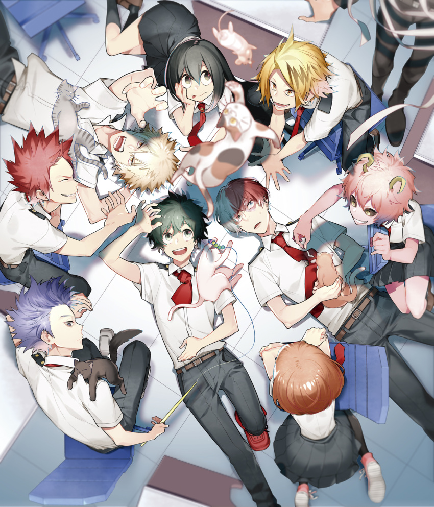 &gt;:o 3girls 6+boys :d :o :p ^_^ aizawa_shouta animal animal_on_chest animal_on_shoulder arm_pillow arm_support ashido_mina asui_tsuyu back bakugou_katsuki bangs belt biting black_cat black_eyes black_hair black_legwear black_pants black_sclera black_skirt blazer blurry bodysuit boku_no_hero_academia brown_eyes brown_hair brown_shoes buckle burn_scar calico cat cat_on_shoulder catching classroom closed_eyes closed_mouth clothes_biting collared_shirt d: depth_of_field desk dress_shirt eyebrows eyebrows_visible_through_hair feeding fishing_rod floating food freckles from_above frown grey_shoes grin hair_between_eyes hand_on_own_cheek hand_on_own_elbow hand_on_own_stomach highres holding holding_food horns jacket kaminari_denki kirishima_eijirou kneehighs legs_apart long_hair long_sleeves lying midoriya_izuku miniskirt mooh mouse multicolored_hair multiple_boys multiple_girls necktie on_back on_floor on_side open_mouth out_of_frame outstretched_arm palms pants pink_hair pink_shoes pink_skin pleated_skirt purple_hair reaching red_necktie red_shoes redhead scarf school_desk shadow sharp_teeth shinsou_hitoshi shirt shoe_soles shoes short_hair short_sleeves sidesaddle sitting sitting_backwards sitting_on_chair skirt sleeping smile spiky_hair standing string teeth tile_floor tiles todoroki_shouto tongue tongue_out two-tone_hair uraraka_ochako wariza white_cat white_shirt yellow_eyes