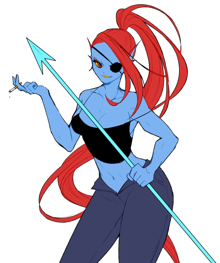 1girl blue_skin breasts cigarette cleavage collarbone cowboy_shot denim energy_spear energy_weapon eyepatch eyeshadow head_fins highres long_hair makeup monster_girl navel off_shoulder polearm ponytail red_eyes redhead sharp_teeth simple_background smile solo spear tank_top teeth unbuttoned undertale undyne very_long_hair weapon white_background yamtteng yellow_sclera