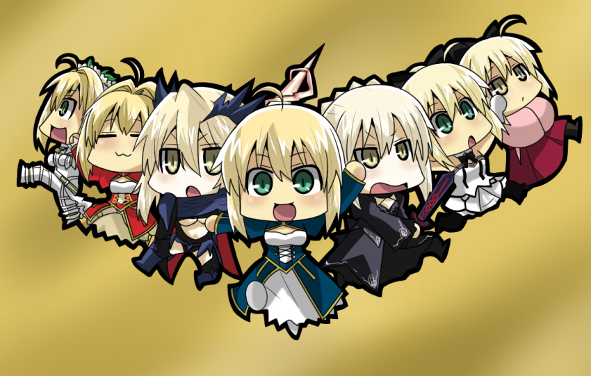 6+girls :3 :d =_= ahoge artoria_pendragon_alter_(fate/grand_order) blonde_hair breasts brown_eyes dark_excalibur dress fate/extra fate/extra_ccc fate/grand_order fate/stay_night fate/unlimited_codes fate_(series) green_eyes holding holding_sword holding_weapon japanese_clothes kimono koha-ace looking_at_viewer matsudora124 multiple_girls navel open_mouth saber saber_alter saber_bride saber_extra saber_lily sakura_saber sleeveless sleeveless_dress smile sword under_boob weapon