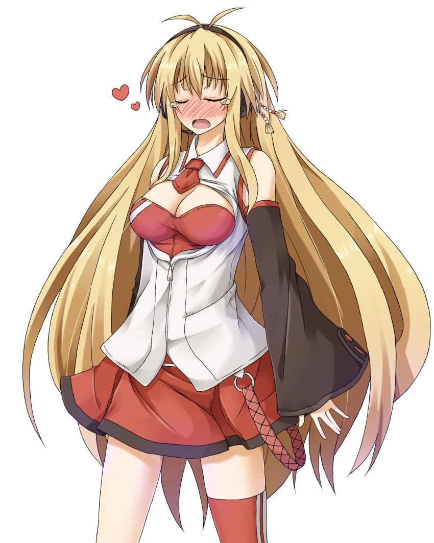 1girl antenna_hair bare_shoulders blonde_hair blush breasts cleavage cleavage_cutout closed_eyes cowboy_shot crying detached_sleeves flask_(pandora) headphones heart highres long_hair long_sleeves looking_at_viewer necktie nose_blush open_mouth red_legwear red_necktie red_skirt shirt single_thighhigh skirt solo tachi-e tears thigh-highs tsurumaki_maki unzipped very_long_hair vocaloid voiceroid white_background white_shirt wide_sleeves