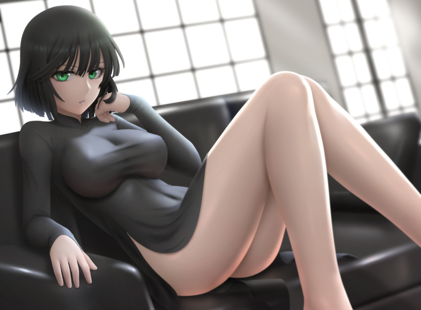 1girl ass bangs bare_legs black_dress black_hair breasts dress fubuki_(one-punch_man) green_eyes large_breasts looking_at_viewer one-punch_man parted_lips pelvic_curtain short_hair side_slit siraha sitting solo thighs