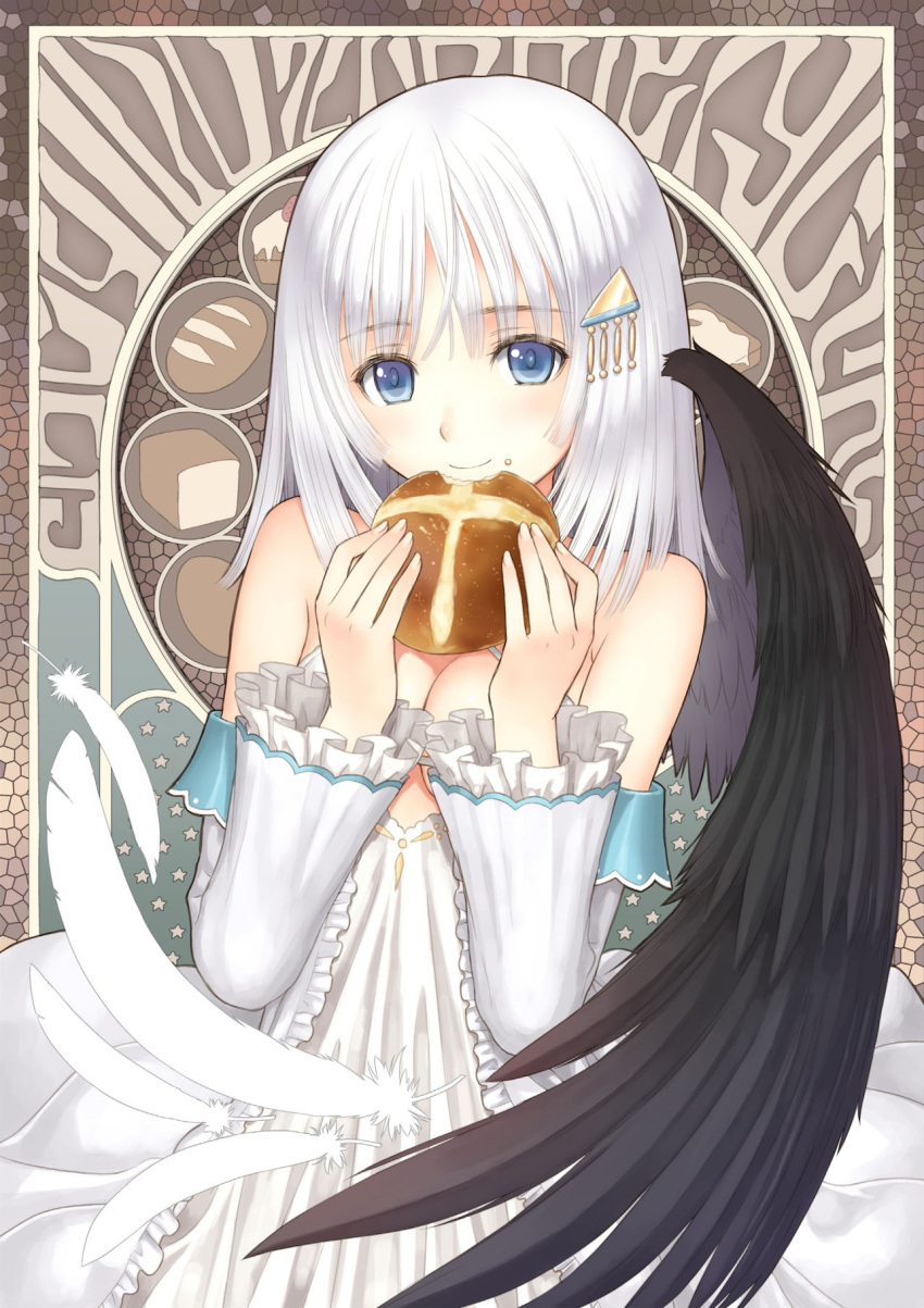 1girl bare_shoulders black_wings blue_eyes bread breasts cleavage criss-cross_halter detached_sleeves dress eyebrows eyebrows_visible_through_hair feathered_wings feathers food food_on_face frilled_sleeves frills hair_ornament hairclip halter_top halterneck highres holding holding_food long_hair official_art panis_angelicus shining_(series) shining_ark short_hair silver_hair single_wing small_breasts smile star tanaka_takayuki upper_body wallpaper white_dress white_hair wings