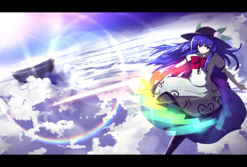 1girl above_clouds apron backlighting bangs blue_hair blue_skirt blue_sky day floating food fruit hat hinanawi_tenshi holding holding_sword holding_weapon lens_flare looking_at_viewer open_mouth peach perspective rainbow_order red_eyes shiny shiny_hair shirokku_(shirock8) shirt short_sleeves skirt sky solo sword sword_of_hisou touhou weapon white_shirt wind