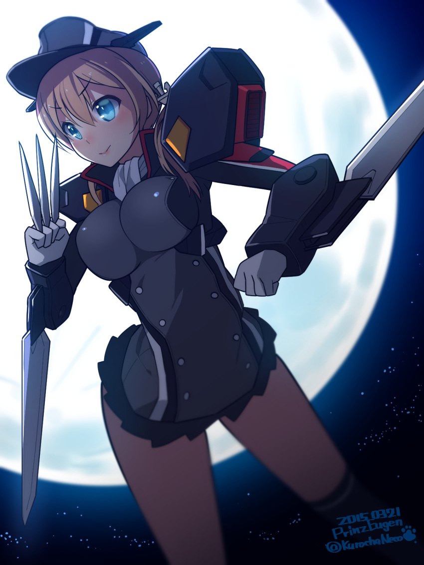1girl anchor_hair_ornament blonde_hair blue_eyes breasts character_name dated full_moon g_gundam gundam gundam_spiegel hair_ornament hat highres kantai_collection knife kuro_chairo_no_neko large_breasts mecha_musume microskirt military military_uniform moon peaked_cap prinz_eugen_(kantai_collection) skirt solo throwing_knife twitter_username uniform