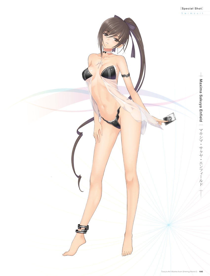 1girl anklet armlet bare_shoulders barefoot bikini bikini_bottom black_bikini breasts brown_eyes brown_hair character_name choker contrapposto earrings full_body hair_ribbon high_ponytail highres jewelry long_hair maxima_enfield navel necklace parted_lips pasties ribbon shining_(series) shining_blade simple_background solo standing swimsuit tanaka_takayuki very_long_hair