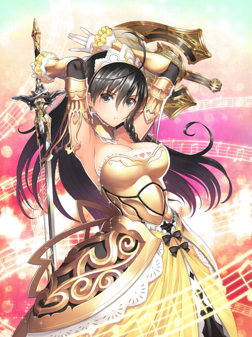 1girl armor armored_dress arms_behind_head arms_up black_bow black_hair bow braid breasts cleavage collar cross cross_earrings crown detached_collar dress earrings frilled_collar frills gauntlets greaves highres holding holding_sword holding_weapon jewelry large_breasts long_dress long_hair looking_at_viewer musical_note open_mouth shining_(series) shining_resonance single_braid solo sonia_blanche sword tanaka_takayuki weapon