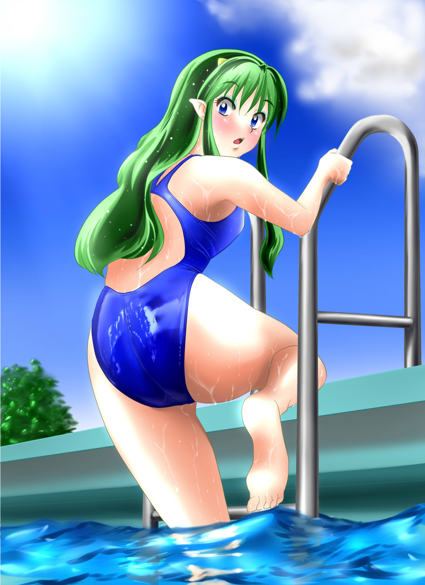 1girl absurdres ass blue_eyes blue_swimsuit competition_swimsuit eyeshadow green_hair highleg highres horns long_hair lum makeup nanao_futaba one-piece_swimsuit oni partially_submerged pointy_ears pool pool_ladder poolside reflection shiny shiny_clothes solo swimsuit urusei_yatsura water wet wet_clothes wet_swimsuit