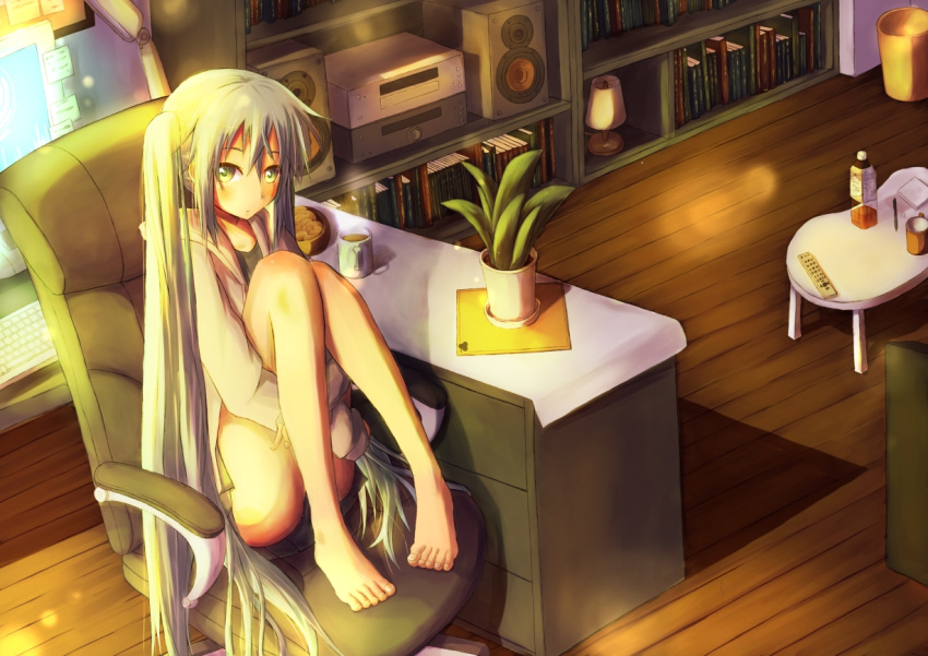 1girl aqua_eyes aqua_hair blush book bright_(long-ago) chair coffee_mug computer_keyboard desk hatsune_miku lamp long_hair looking_at_viewer monitor office_chair plant potted_plant solo speaker thighs trash_can twintails vocaloid