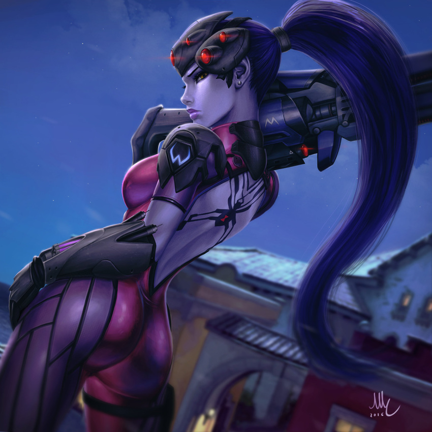 1girl ass back bodysuit breasts center_opening clouds cowboy_shot dated ear_studs earrings gauntlets gloves gun hand_on_hip head_mounted_display helmet highres holding holding_gun holding_weapon holster house jewelry lipstick long_hair long_ponytail looking_at_viewer looking_back makeup night night_sky over_shoulder overwatch ponytail purple_hair purple_lipstick purple_skin rifle short_sleeves signature skirt sky sniper_rifle solo spider_print star_(sky) starry_sky tattoo thigh_holster thigh_strap very_long_hair visor weapon weapon_over_shoulder widowmaker_(overwatch) yellow_eyes