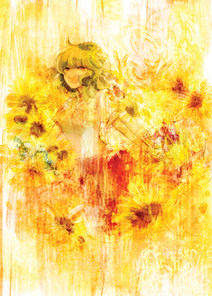 1girl breasts collared_shirt floral_background flower green_hair highres kazami_yuuka laughing mimia_(96.5) open_mouth red_eyes red_skirt shirt short_hair skirt solo squinting sunflower teeth tongue touhou white_shirt yellow