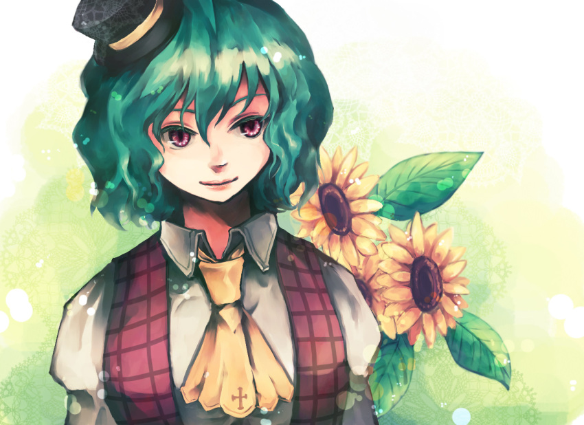 1girl ascot collared_shirt colored_eyelashes cross_print flower green_hair hair_between_eyes hat kazami_yuuka light_particles lips long_sleeves looking_at_viewer mini_hat mini_top_hat open_clothes open_vest patterned_background plaid plaid_vest red_eyes red_vest semicolon shirt short_hair solo top_hat touhou vest wavy_hair white_shirt