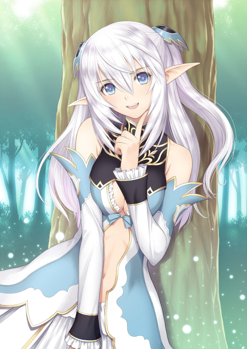 1girl altina_(shining_blade) bare_shoulders blue_eyes breasts center_opening cleavage cleavage_cutout detached_sleeves elf hair_between_eyes hair_ornament half_updo highres large_breasts midriff navel navel_cutout official_art open_mouth pointy_ears shining_(series) shining_blade shining_world silver_hair skirt smile solo tanaka_takayuki tree turtleneck two_side_up