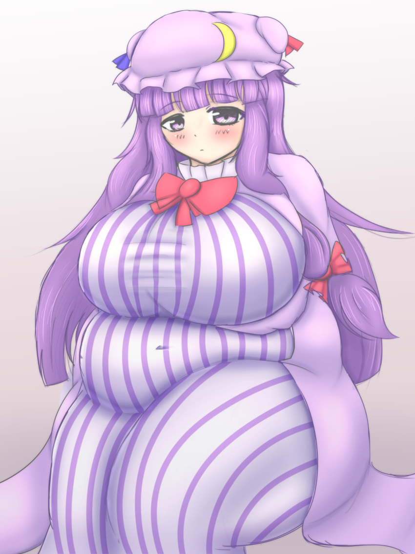 1girl big_belly blush breast_rest breasts crescent dress expressionless fat guroo_(shine119) hat highres huge_breasts long_hair looking_at_viewer mob_cap obese patchouli_knowledge purple_hair solo thick_thighs thighs touhou violet_eyes