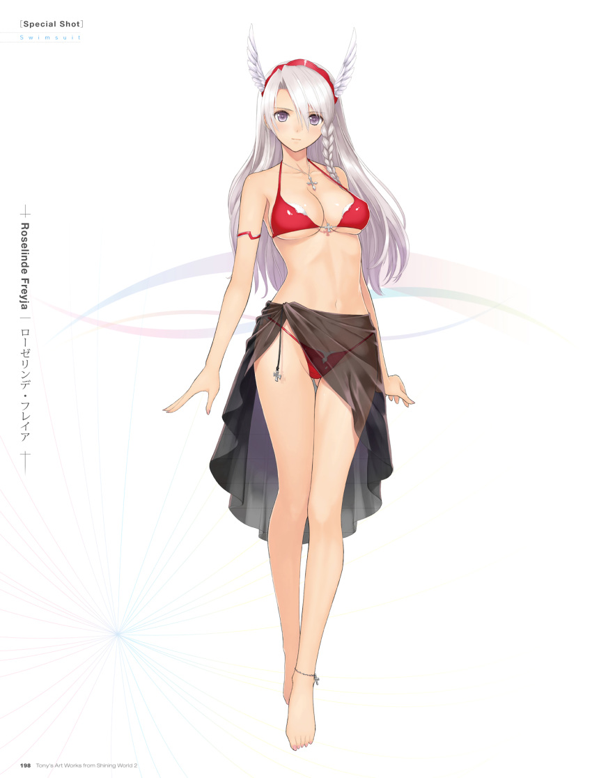 1girl anklet armlet ass_visible_through_thighs barefoot bikini braid breasts cleavage front-tie_bikini front-tie_top full_body hair_ornament hairband head_wings highres jewelry lavender_hair light_smile long_hair looking_at_viewer navel red_bikini roselinde_(shining_blade) sarong shining_(series) shining_blade side_braid silver_hair simple_background solo string_bikini swimsuit tanaka_takayuki thigh_gap