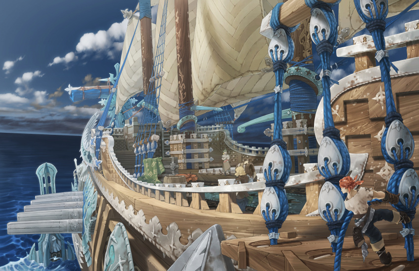 2boys absurdres boat clouds highres multiple_boys ocean official_art pirate ship short_hair the_last_story