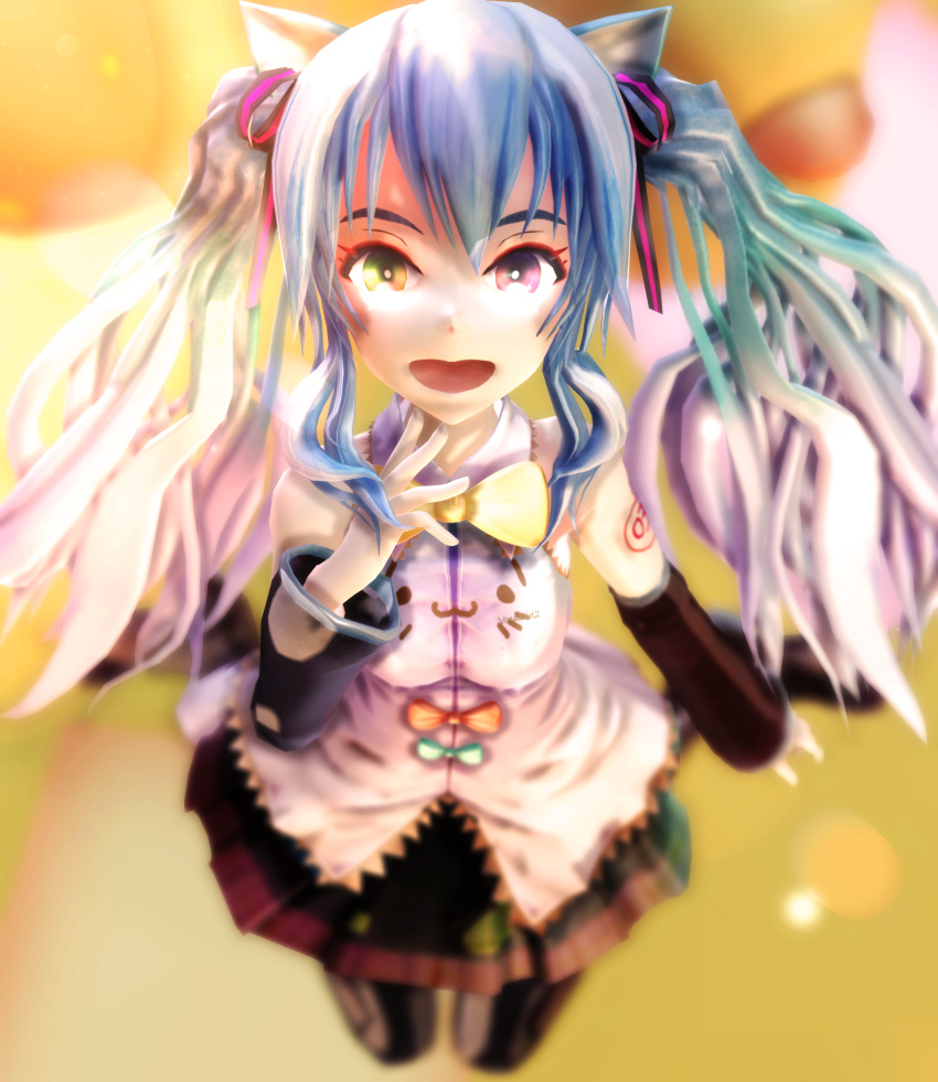 1girl absurdres animal_ears bow detached_sleeves hand_on_own_chin hatsune_miku highres jumping long_hair looking_at_viewer mikumikudance multicolored_eyes multicolored_hair necktie open_mouth pocky-poison skirt twintails very_long_hair vocaloid