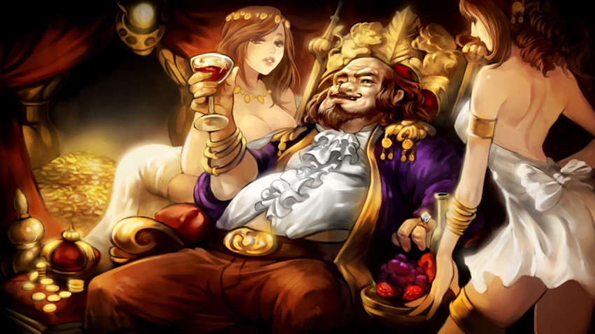 1boy 2girls alcohol armband balding bare_shoulders beard bow bracelet breast_press brown_eyes brown_hair chair circlet coin contrapposto covered_nipples crown cup drill_hair drinking_glass facial_hair food fruit gold grapes jewelry lips long_hair multiple_girls mustache obese parted_lips ring shoulder_blades strawberry thigh_strap wine wine_glass zzoggomini