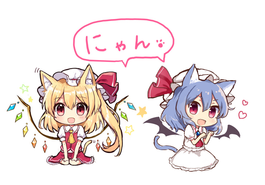 &gt;:d 2girls :d animal_ears ascot bat_wings blonde_hair blue_hair blush bow brooch cat_ears cat_tail chibi detached_wings eyebrows eyebrows_visible_through_hair fang flandre_scarlet hair_between_eyes hat hat_bow hat_ribbon heart jewelry kemonomimi_mode looking_at_viewer low_wings mob_cap multiple_girls nyan open_mouth paw_pose puffy_short_sleeves puffy_sleeves red_eyes remilia_scarlet ribbon shared_speech_bubble short_hair short_sleeves siblings side_ponytail simple_background sisters sitting skirt skirt_set smile speech_bubble star tail touhou translated wariza white_background wings yada_(xxxadaman)