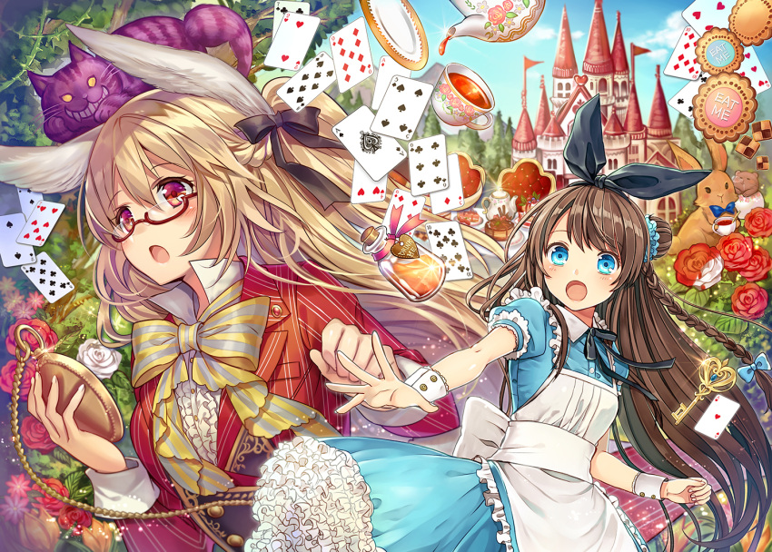 2girls alice_(wonderland)_(cosplay) alice_in_wonderland animal_ears apron bangs black_bow blonde_hair blue_bow blue_dress blue_eyes blue_sky blush bottle bow bowtie braid brown_hair cake card castle cat chair cheshire_cat clarinet_(natsumi3230) clouds collaboration cup dress empty_eyes eyebrows eyebrows_visible_through_hair fang flower food formal frilled_dress frills glasses hair_between_eyes hair_bow hair_bun holding key long_hair madogawa multiple_girls open_mouth original outstretched_arm plate pocket_watch puffy_short_sleeves puffy_sleeves rabbit rabbit_ears red_eyes rose sash scrunchie short_sleeves sky smile suit table teacup teapot tree waist_apron watch white_rabbit_(cosplay) wrist_cuffs yellow_eyes