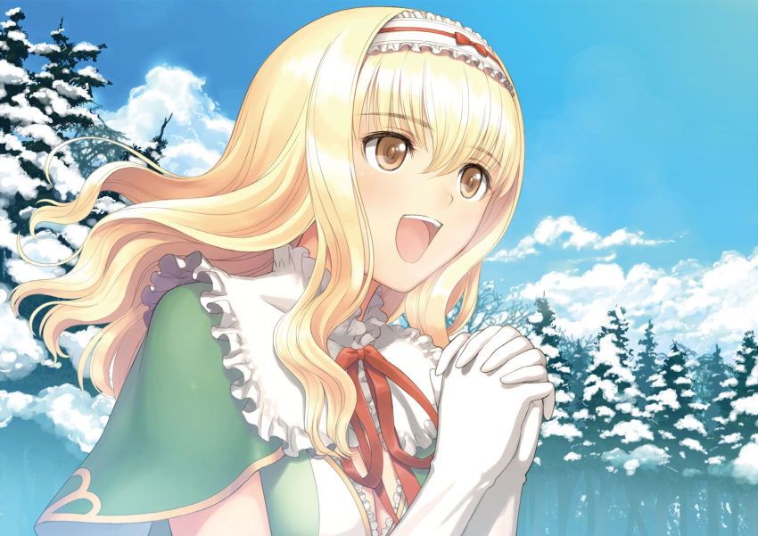 1girl blonde_hair blue_sky bow breasts brown_eyes capelet cleavage clouds cloudy_sky collar dress elmina_(shining_wind_x) forest frilled_collar frills gloves green_dress hairband hands_together highres large_breasts long_hair nature open_mouth pine_tree red_ribbon ribbon shining_(series) shining_wind shining_wind_x sky smile snow tanaka_takayuki tree upper_body white_gloves