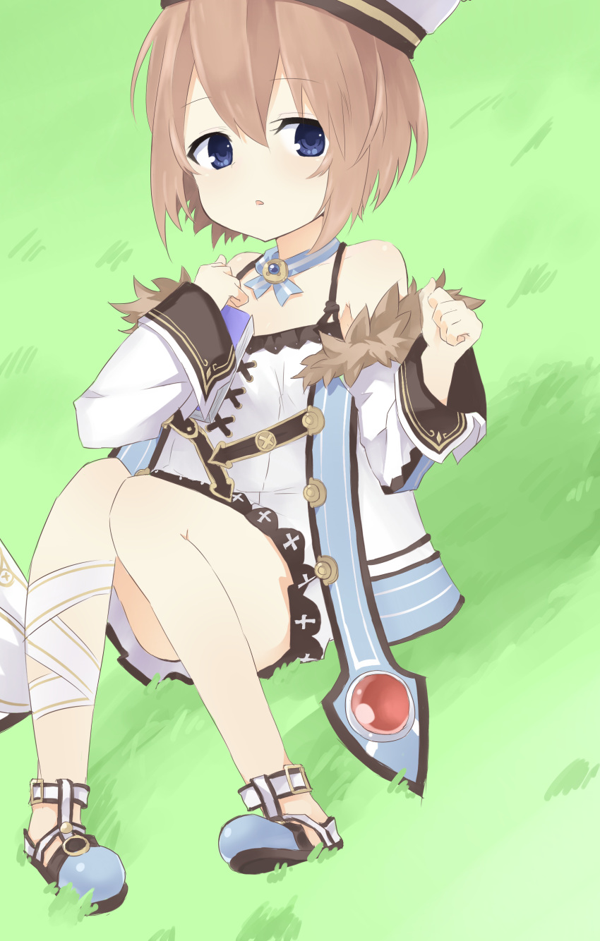 1girl absurdres bare_shoulders blanc blancpig_yryr blue_eyes blush brown_hair fur_trim grass hat highres hill looking_at_viewer neptune_(series) open_mouth short_hair sitting solo