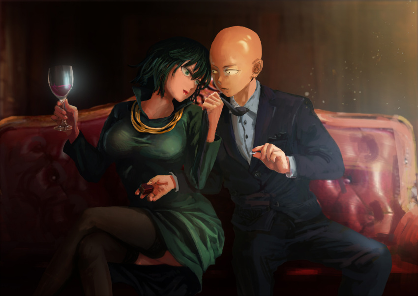 1boy 1girl alcohol alternate_costume bald black_legwear black_necktie black_pants black_suit breasts chair collared_shirt comic crossed_legs cup dress drinking_glass eye_contact fubuki_(one-punch_man) green_dress green_eyes green_hair highres holding_glass indoors jewelry light light_particles lipstick long_sleeves looking_at_another makeup necklace necktie necktie_grab neckwear_grab one-punch_man palee pants parted_lips red_lips ring ring_box saitama_(one-punch_man) shiny shiny_skin shirt short_hair sitting taut_clothes taut_dress thigh-highs thighs tsurime wedding_ring wine wine_glass