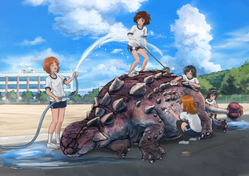 5girls akiyama_yukari ankylosaurus bangs black_hair black_legwear blue_shorts blunt_bangs brown_eyes brown_hair closed_eyes clouds cloudy_sky commentary dinosaur girls_und_panzer gym_shirt gym_shorts gym_uniform hairband highres holding hose isuzu_hana kamemaru long_hair multiple_girls name_tag nishizumi_miho open_mouth orange_hair outdoors reizei_mako school shirt shoes short_hair single_vertical_stripe sky smile socks squatting standing summer takebe_saori thigh-highs towel washing white_legwear white_shirt white_shoes