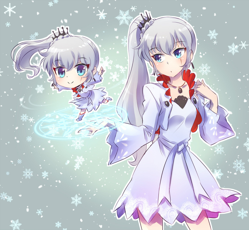 1girl blue_eyes chibi chibi_inset earrings facial_scar glyph highres iesupa jewelry necklace rwby scar side_ponytail smile solo weiss_schnee white_hair