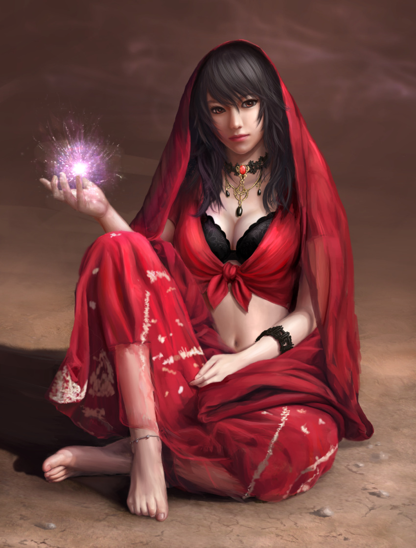 1girl amatchi anklet bangs barefoot black_bra black_hair bra bracelet breasts brown_eyes choker cleavage commentary_request energy expressionless gypsy hands head_tilt highres jewelry knee_up long_hair looking_at_viewer magic navel necklace nose original realistic red_shirt rock sheer_clothes shirt short_sleeves sitting sitting_on_ground solo stomach tied_shirt toenails toes underwear wavy_hair