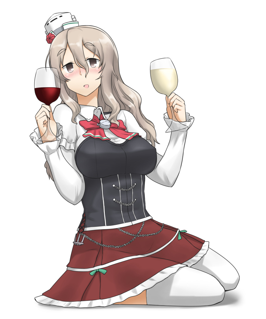 1girl absurdres alcohol blush cup curly_hair drinking_glass drunk grey_eyes hamu_koutarou headgear highres holding kantai_collection long_hair looking_at_viewer pola_(kantai_collection) silver_hair simple_background sitting solo thigh-highs white_background white_legwear wine wine_glass