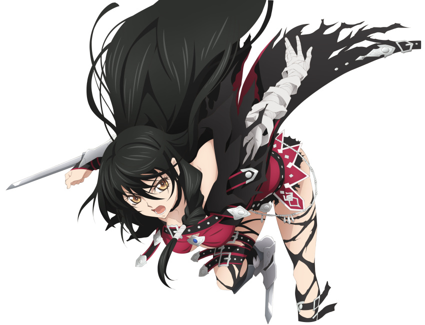 1girl absurdres bandages bare_shoulders belt black_hair choker highres long_hair looking_at_viewer official_art solo tales_of_(series) tales_of_berseria torn_clothes velvet_crowe very_long_hair weapon white_hair yellow_eyes