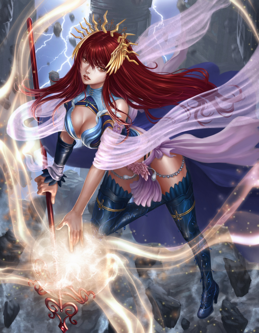 1girl boots breasts cleavage cleavage_cutout detached_sleve hair_ornament highres lightning lips long_hair looking_at_viewer magic ml.e parted_lips red_eyes redhead solo staff thigh-highs thigh_boots