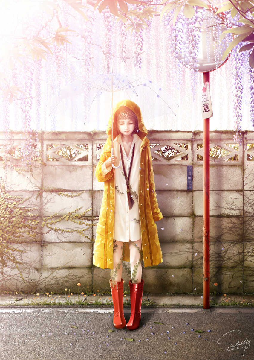 absurdres boots bouno_satoshi closed_eyes dated flower highres lips original outdoors raincoat red_boots rubber_boots signature solo standing umbrella wisteria