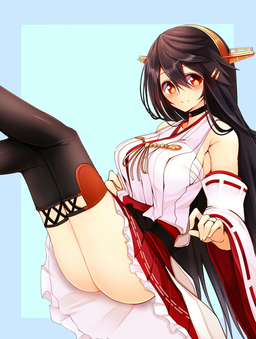 1girl ass black_hair breasts budget_sarashi choker detached_sleeves hair_ornament hairclip haruna_(kantai_collection) highres kantai_collection large_breasts legs_up long_hair looking_at_viewer no_panties nontraditional_miko orange_eyes pleated_skirt sarashi skirt smile solo tsukui_kachou upskirt