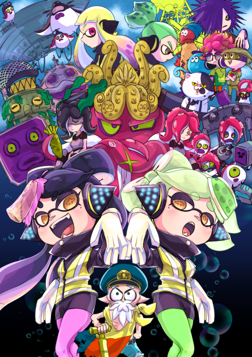 +_+ 5girls 6+boys anemo_(splatoon) back-to-back beard black_hair blonde_hair bukichi_(splatoon) callie_(splatoon) cane cat commander_atarime daunii_(splatoon) dj_takowasa echizen_(splatoon) everyone facial_hair green_hair headgear highres inkling jajji-kun_(splatoon) jellyfish kumano_(splatoon) marie_(splatoon) multiple_boys multiple_girls octoball octobomber octopus octotrooper old_man pink_hair pose rob_(splatoon) silver_hair splatoon squidbeak_splatoon takozonesu tentacle_hair