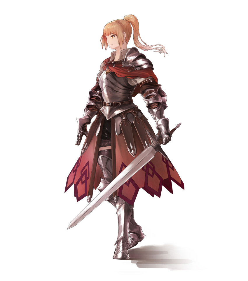 1girl armor blonde_hair cape highres isono_wataru long_hair original ponytail simple_background solo standing sword weapon white_background yellow_eyes