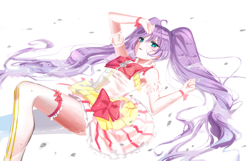 1girl ahoge blush boo_1 bow bracelet detached_sleeves dress green_eyes hair_bow hand_on_own_face highres jewelry long_hair lying manaka_lala partially_submerged pripara purple_hair simple_background skirt solo thigh-highs twintails very_long_hair water wet wet_clothes white_background
