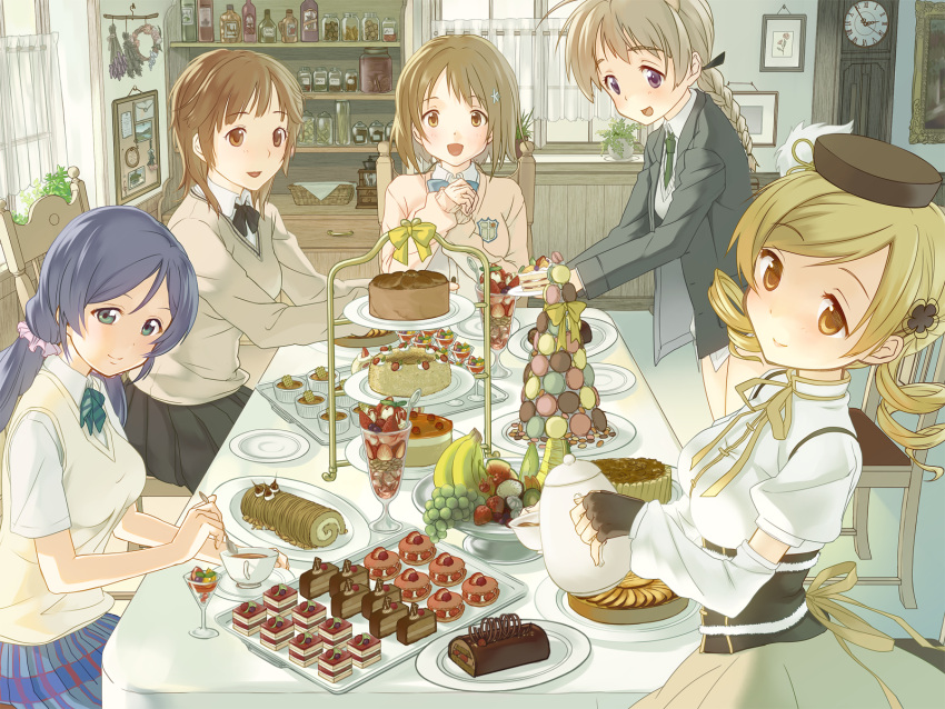 5girls :d amagami aqua_eyes badge banana bangs basket beret black_bow black_bowtie black_gloves black_hat black_ribbon blazer blonde_hair blue_bow blue_bowtie blue_eyes blue_hair blue_skirt blush board bottle bottomless bouquet bow bowtie braid breasts brown_eyes brown_hair cake chair cherry chocolate chocolate_cake clock closed_mouth coffee_grinder collared_shirt corset crossover cup curtains dessert detached_sleeves dragon_fruit drawer dress_shirt drill_hair drinking_glass envelope eyebrows eyebrows_visible_through_hair eyelashes fingerless_gloves flower food food_request frame fruit fur_trim gloves grandfather_clock grapes grass green_necktie hair_flower hair_ornament hair_ribbon hair_scrunchie hat head_tilt head_wreath highres holding holding_cup holding_spoon idolmaster idolmaster_cinderella_girls indoors jacket jam jar juice kitchen kiwifruit large_breasts letter long_sleeves love_live!_school_idol_project low_twintails lynette_bishop macaron mahou_shoujo_madoka_magica mangosteen melon mimura_kanako miniskirt multiple_crossover multiple_girls necktie note nut_(food) open_mouth paper parfait pasta pastry photo_(object) plaid plaid_skirt plant plate pleated_skirt potted_plant red_eyes ribbon sakurai_rihoko saucer scrunchie serving shirt short_hair short_sleeves silver_hair single_braid sitting sitting_on_chair skirt slice_of_cake smile spaghetti spoon strawberry strike_witches sweater sweater_vest swept_bangs table tea tea_party teacup teapot tiered_tray tomiwo tomoe_mami toujou_nozomi tray twin_drills twintails violet_eyes watermelon white_shirt window yellow_bow yellow_eyes yellow_ribbon yellow_skirt