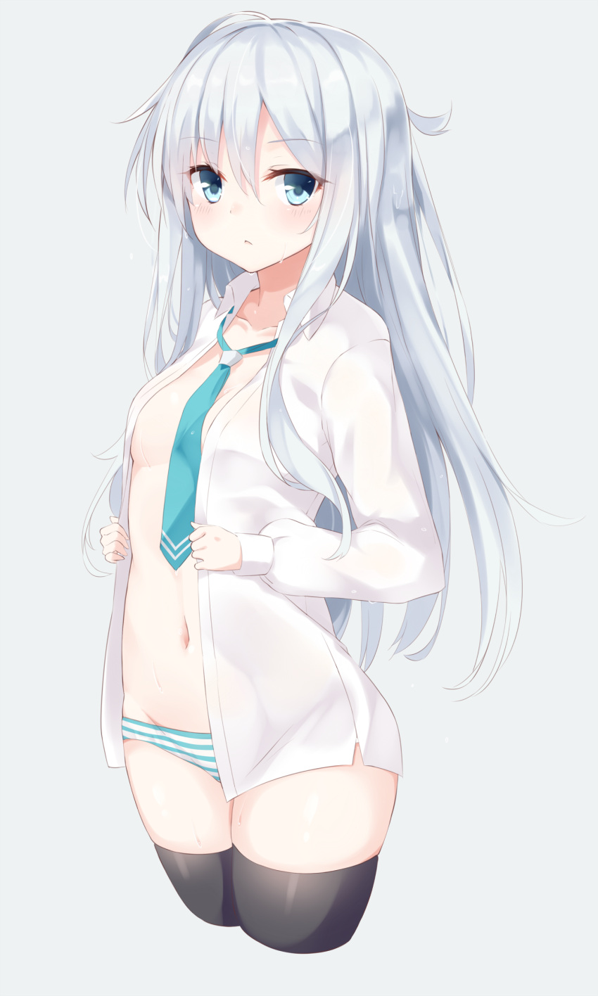 1girl :&lt; absurdres black_legwear blush center_opening collarbone cowboy_shot cropped_legs dress_shirt grey_eyes groin hair_between_eyes hibiki_(kantai_collection) highres kantai_collection long_hair long_sleeves looking_at_viewer loose_necktie navel necktie no_bra no_pants note_(aoiro_clip) open_clothes open_shirt panties shirt silver_hair simple_background small_breasts solo striped striped_panties sweat thigh-highs thighs underwear very_long_hair