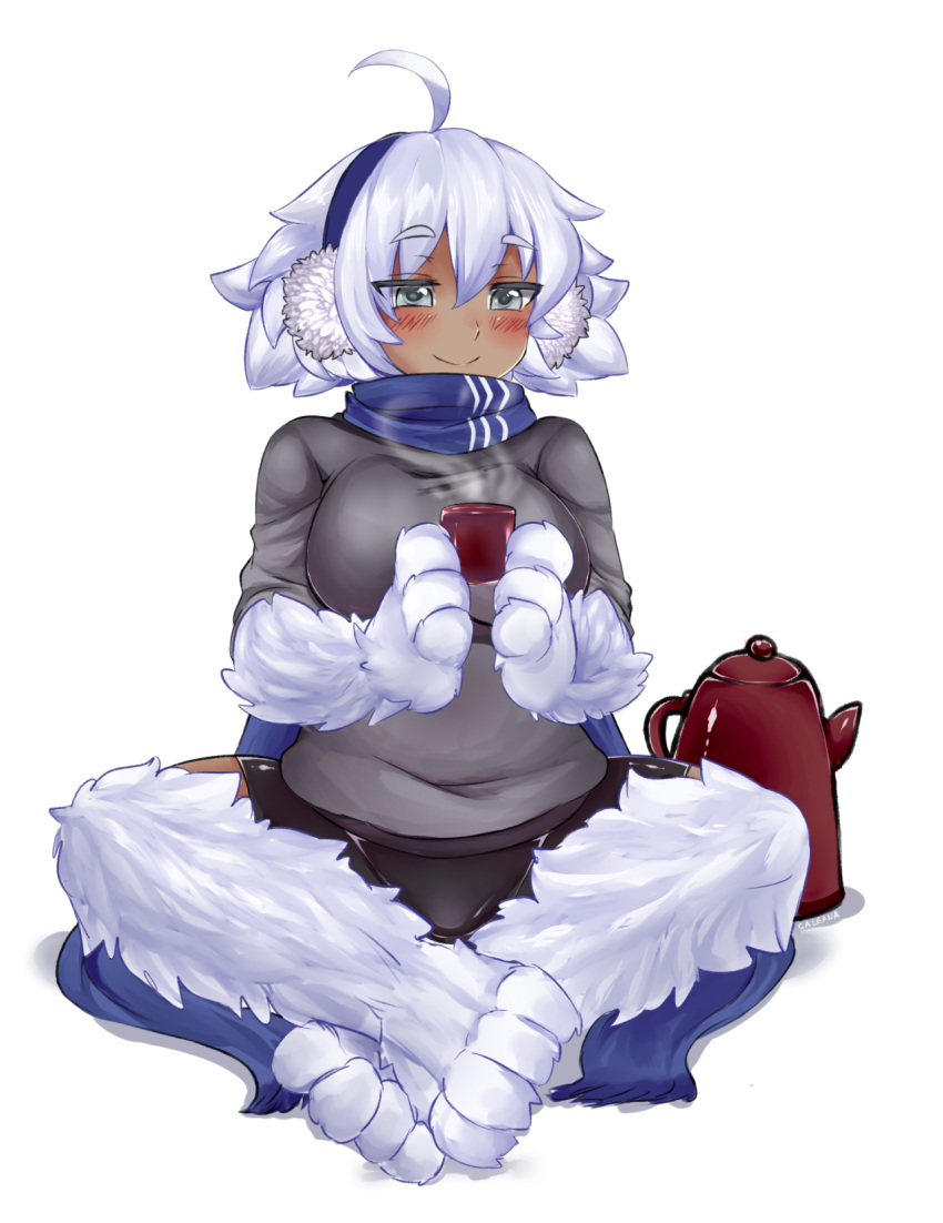 1girl ahoge alternate_costume artist_name bike_shorts blush caleana crossed_legs cup dark_skin earmuffs eyebrows eyebrows_visible_through_hair fur grey_eyes highres holding holding_cup monster_girl monster_girl_encyclopedia paws scarf short_hair signature simple_background sitting smile solo steam sweater teacup teapot thick_eyebrows white_background white_fur white_hair yeti_(monster_girl_encyclopedia)