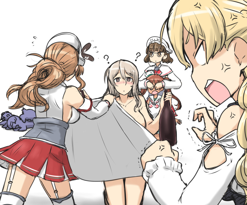 5girls ? @_@ anger_vein ashigara_(kantai_collection) bare_shoulders blanket blonde_hair blush bottle brown_eyes brown_hair chitose_(kantai_collection) convenient_censoring covering_eyes covering_with_blanket curly_hair detached_sleeves drunk garter_belt glasses grey_eyes grey_hair hamu_koutarou hat highres holding jun'you_(kantai_collection) kantai_collection libeccio_(kantai_collection) littorio_(kantai_collection) multiple_girls nude open_mouth pola_(kantai_collection) redhead revision roma_(kantai_collection) silver_hair skirt thigh-highs twintails wine_bottle zara_(kantai_collection)