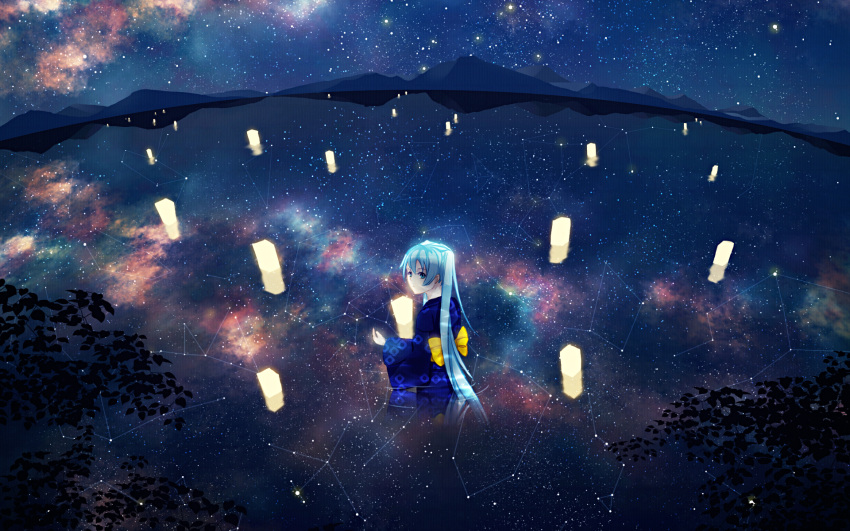 1girl agent_no.9 blue_hair constellation galaxy hatsune_miku highres japanese_clothes kimono lake lampion long_hair long_sleeves looking_at_viewer mountain night night_sky obi partially_submerged reflection sash sky solo star_(sky) starry_sky tree_shade twintails vocaloid wide_sleeves